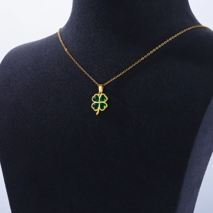 kf-Sf821e710e32d409fba9df5a0a3420f78k Four Leaf Clover Stainless Steel Necklaces For Women Green Zircon Gold Color Quality Jewelry Pendant Necklace Gift Free Shipping - Image 3