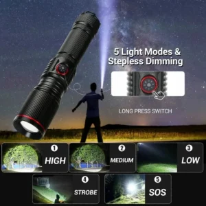 30W High Bright LED Flashlight High Power Type C Rechargeable Zoom Torch Camping Outdoor Hunting Fishing Walking Lighting Lamp
