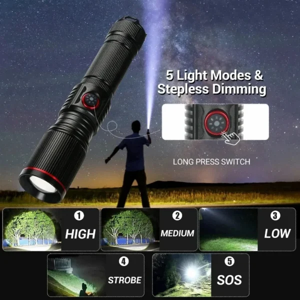 30W High Bright LED Flashlight High Power Type C Rechargeable Zoom Torch Camping Outdoor Hunting Fishing Walking Lighting Lamp - Image 4