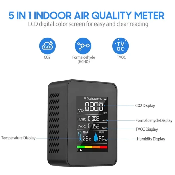 Multifunctional 5in1 CO2 Meter Digital Temperature Humidity Tester Carbon Dioxide TVOC HCHO Detector Air Quality Monitor - Image 2