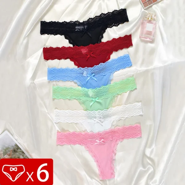 6pcs/Set Perspective Floral Panties Women Lace Thongs Low Waist Comfortable Solid Ladies G-string Bow Female Sexy Underwear - Image 7