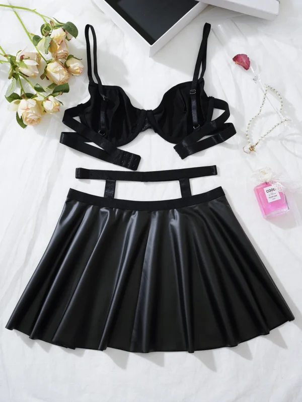 New Fashion Women Sexy Bras And Skirts Set Leather Adjustable Shoulder Strap Underwear Breathable Erotic Lingerie Ruffle Skirt - Image 2