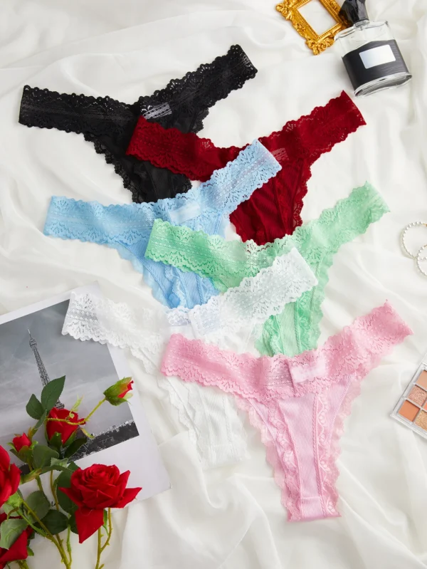 6pcs/Set Perspective Floral Panties Women Lace Thongs Low Waist Comfortable Solid Ladies G-string Bow Female Sexy Underwear - Image 2