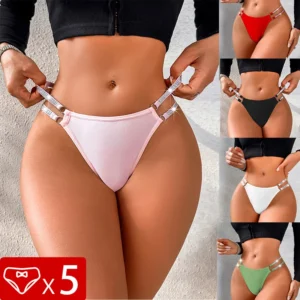 5pcs/Set Women G-string Low Waist Sexy Panties Female Thongs Comfortable Breathable Solid Two Shiny Belts Intimate Lingerie Set