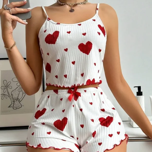 kf-A1e20baadf7d34d76a21d3bdb6c467a2b6 Women’s 2PCS Heart Print Pajama Set, Sleeveless Crop Top and Shorts, Soft Comfy Sleepwear Loungewear for Summer Nightwear - Image 1