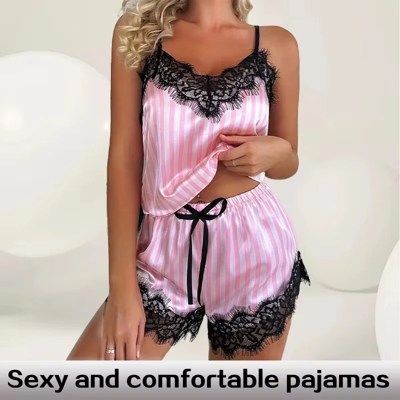 kf-A32beab82a02a4cf1b49f3ca2155362edi Two Piece Women's V-Neck Sexy Lace Suspender Pajama Shorts Set Casual Women's Sleeveless Sexy Pajama Set - Image 1