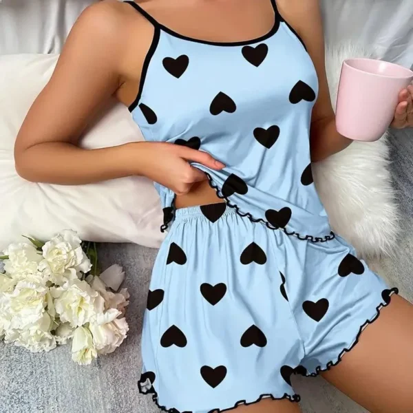 kf-A65afdb9edef24161b3dcec5c6308c017J Women's Pajama Set Pajamas T-Shirts Shorts Pink Heart-Shaped Print Round Neck T-Shirt Ice Silk Top Comfortable Casual Summer - Image 1