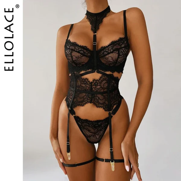 Ellolace Underwear Sexy Lingerie 3-Pieces Transparent Bra Lace Suit Sexy Garter Belt With Stockings Woman Erotic Intimate - Image 1