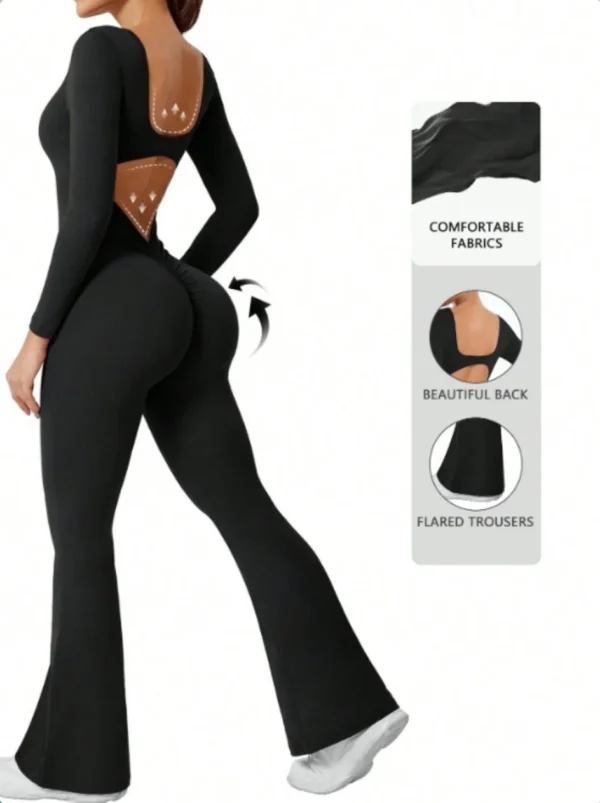 High quality solid color long sleeved compression exercise jumpsuit women's sportswear bell bottom pants sexy push up yoga set - Image 7