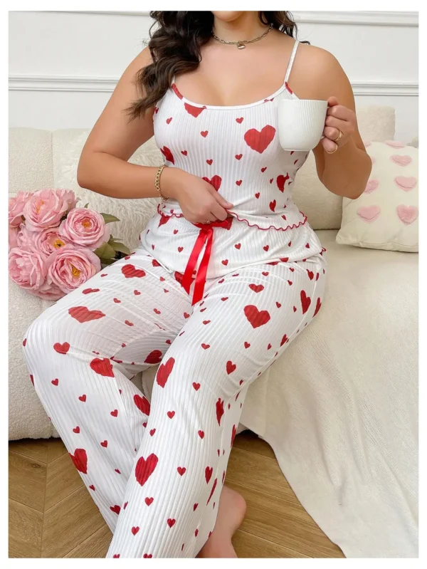 Plus Size Women Pajamas Set 2 Piece Sleeveless Vest and Trousers White Soft Breathable Sleepwear Casual Red Heart Print - Image 4
