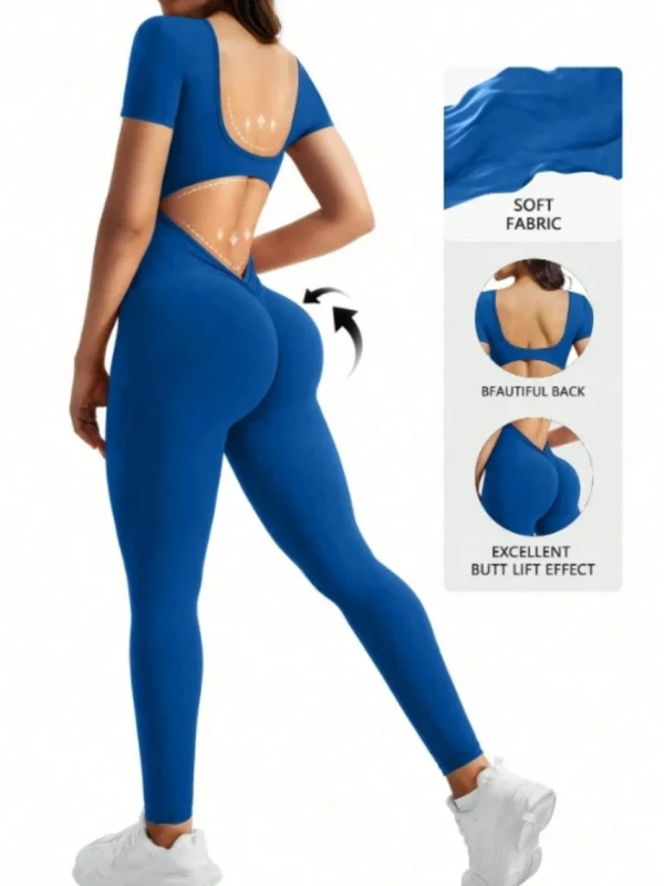 One piece seamless spandex U-neck short sleeved bodysuit with hip lifting, gym clothing, women's fitness jumpsuit - Image 5