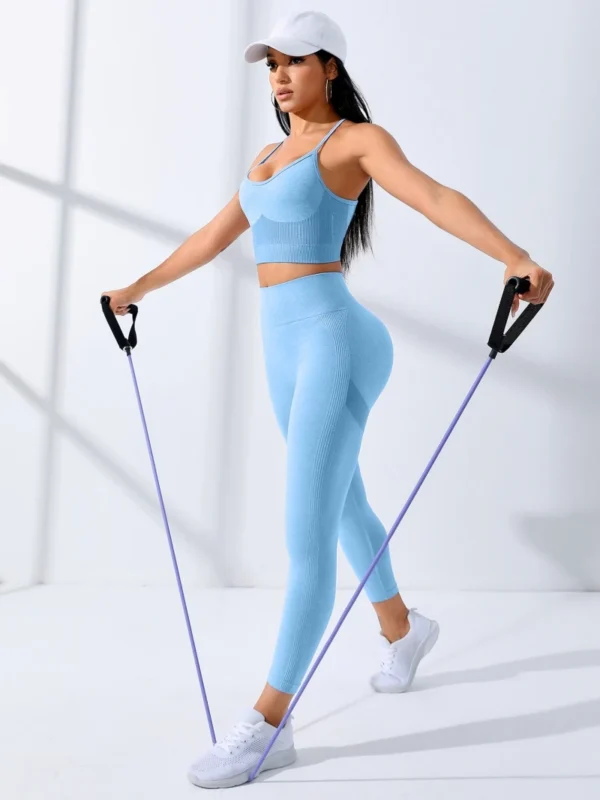 Women Yoga Set 2/Pcs Seamless Workout Outfits Yoga Sportswear Tracksuit Leggings And Thin Shoulder Strap Stretch Sports Bra Fitn - Image 6