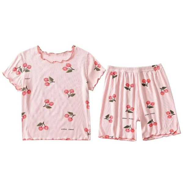 Girls Summer Pajama Set Cherry Blossom Print 4-Way Stretch Shorts & Tee Breathable Modal Blend for Bedtime and Playtime for 1-8Y - Image 6