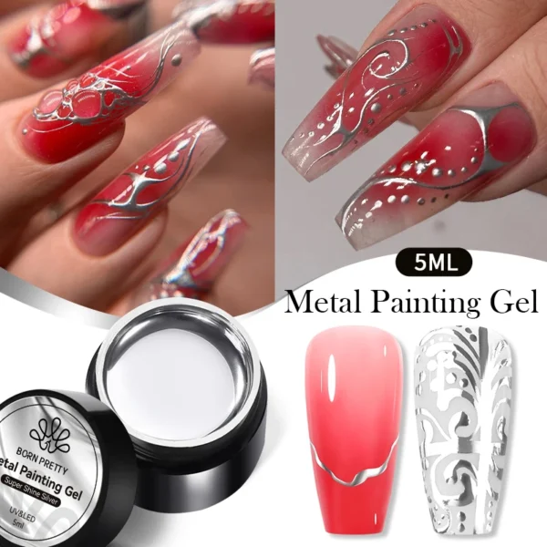 BORN PRETTY Metallic Painting Gel Nail Polish Chromes Gold Silver Metal Effect Super Bright Draw Line French Nail Gel 5ml - Image 5