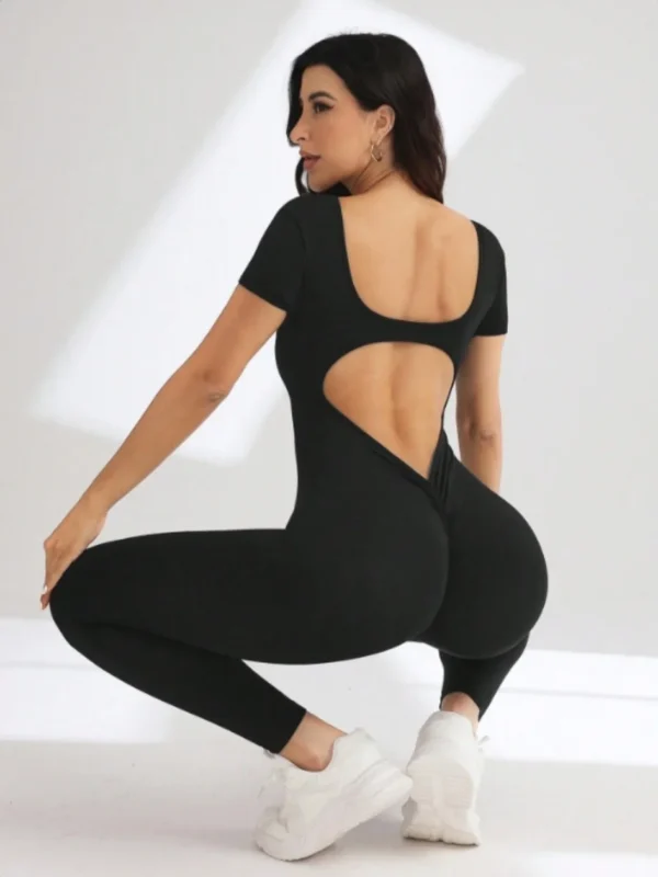 One piece seamless spandex U-neck short sleeved bodysuit with hip lifting, gym clothing, women's fitness jumpsuit - Image 2