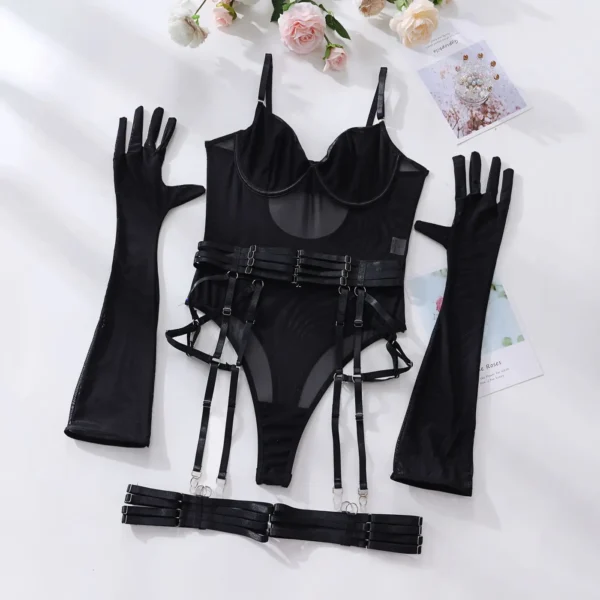 Ellolace Tight Fitting Lace Bodysuit Sexy See Through Erotic Body With Gloves Garter Night Club Outfit Sissy Crotchless Mesh Top - Image 5