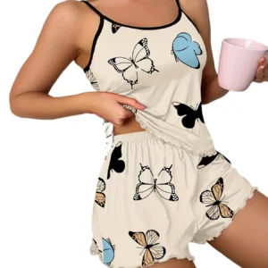 Butterfly Print Pajama Set Lettuce Trim Cami Top Elastic Waistband Shorts Women Sleepwear Loungewear