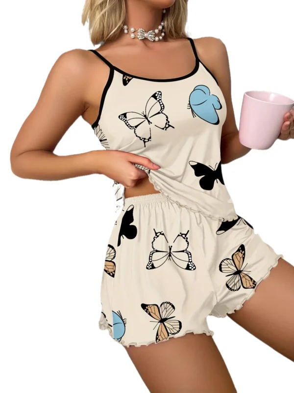 kf-S0bf9a2c154b947e5aa906f57b42662dd8 Butterfly Print Pajama Set Lettuce Trim Cami Top Elastic Waistband Shorts Women Sleepwear Loungewear - Image 1