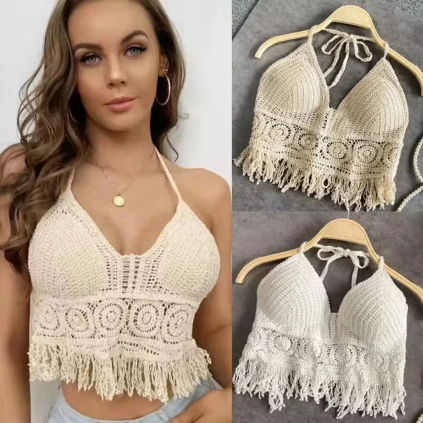 Boho Crochet Halter Top for Women Summer Beach Knit Crop Top with Tassels Backless Sleeveless Bralette - Image 2