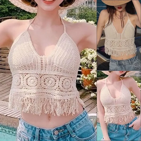 Women Crochet Halter Top Summer Beach Knit Crop Tank Fringe Boho Lace Up Backless Cami Blouse Festival Vacation Wear - Image 1