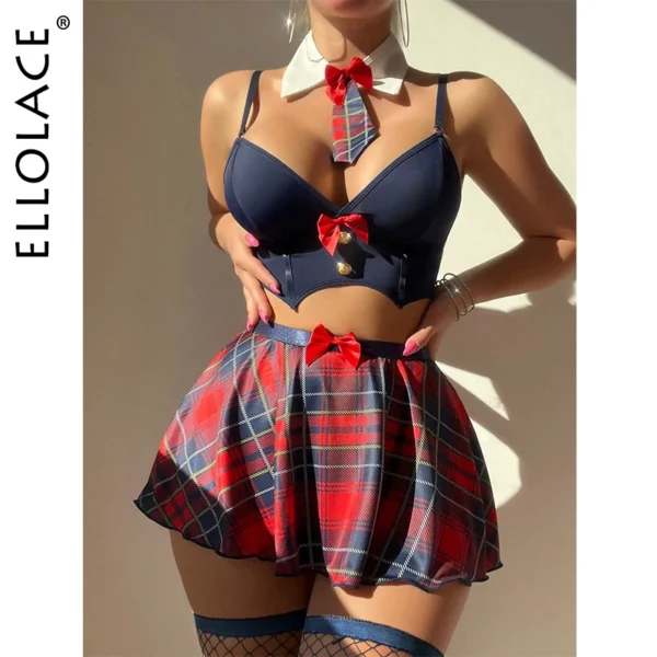 Ellolace Student Cosplay Sexy Set Lingerie Full Set Plaid Skirt Female Underwear 6-Piece Youth Lingerie Accessories Sexy Girl - Image 1