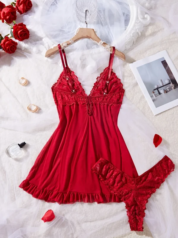 Sexy Lace Lingerie Set for Women, Red Hot Sleepwear Nightdress with Matching Panties, V-Neck Sheer Lace Camisole, Romantic Night - Image 4