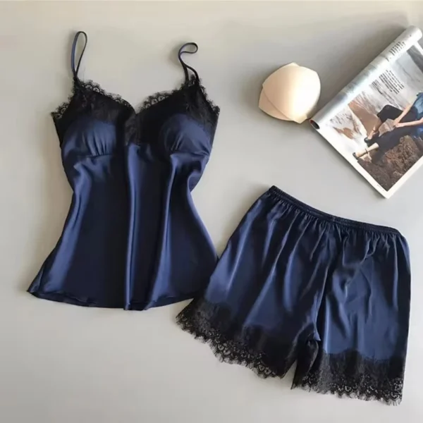 Women Pajama Set Fashion V Neck Stretch Satin Babydoll Lace Sexy Lingerie Bowknot Nightgown Sleep Shorts Set Sleepwear - Image 3
