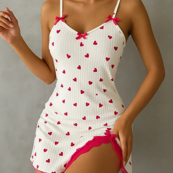 Sexy Heart Print Lace Trim Nightgown Womens Sleeveless Camisole Sleep Dress Soft Comfortable Summer Homewear Lingerie - Image 6