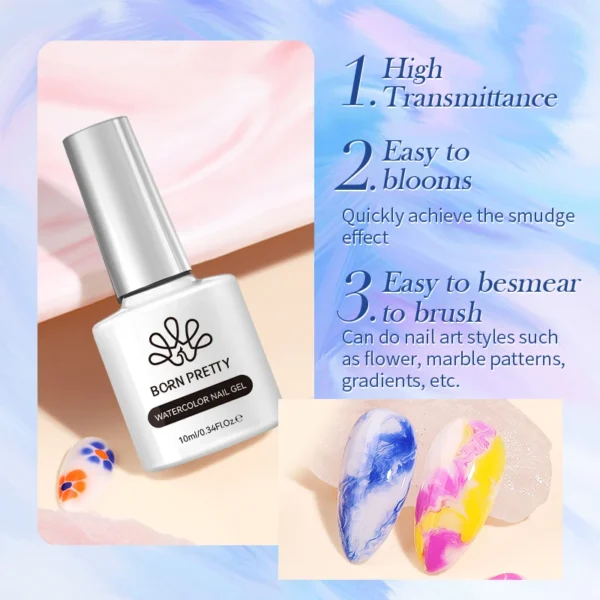 BORN PRETTY 10ml Watercolor Nail Gel Clear Transparent Gradient Flower Effect Semi Permanent Soak Off UV LED Gel Nail Polish - Image 6