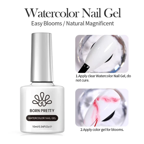 BORN PRETTY Clear Blooms Gel 10ML Soak Off Watercolor Nail Gel Polish for Spreading Effect Marble Gel Nail Polish Painting Nails - Image 2