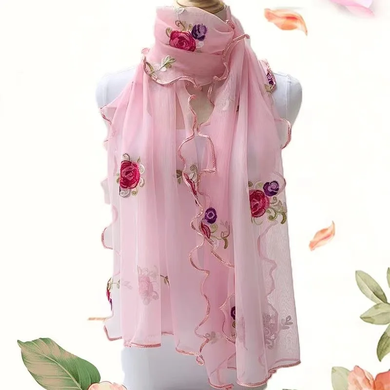 kf-S245784aef065448fbf3fcdac0ccc45f0s Lace Scarf Women Lightweight Hijab Elegant 2024 Print Silk Floral Shawl Wraps Headband Handle Hair Accessories Bandana - Image 1