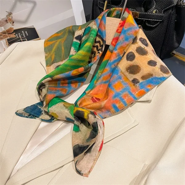 Designer Floral Square 65cm Neckerchief Women Real Silk Scarf Luxury Cotton Shawl 2025 Print Female Hijab Bandana Headband - Image 2