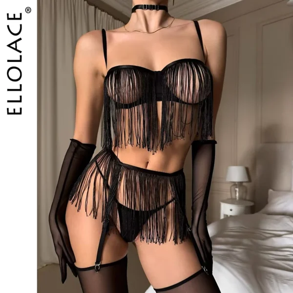 Ellolace Tassel Porn Erotic Lingerie 8-Piece Transparent Ultra Sexy Adult Costume with Garter Outfit Call The Night Sex Suit - Image 1