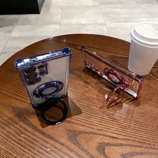 Four Corners Anti Drop Transparent Electroplated Magnetic Stand Protective Case For Samsung Galaxy S25 S24 S23 S22 Ultra Plus - Image 6