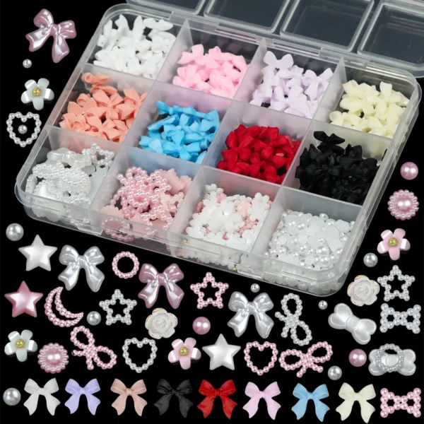 12Grids/box Mixed Resin Bowknot Nail Art Decorations 3D Acrylic Charms Kawaii Colorful Bow Rhinestone DIY Manicure Tools Parts - Image 2