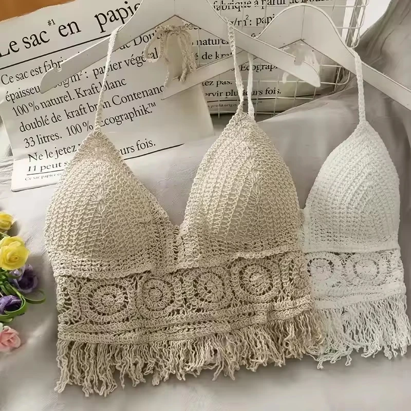 kf-S291e0af5f77045669e514cb2a9f004002 Boho Crochet Halter Top for Women Summer Beach Knit Crop Top with Tassels Backless Sleeveless Bralette - Image 1