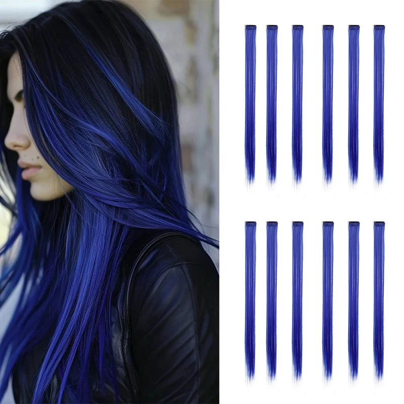 kf-S2b70549510ff44dab3cae75007244579Q 12pcs/pack Colored Party Clip in Hair Extensions for Girls Multi-colors Straight Hair Synthetic Hairpieces Hair Accessories - Image 1