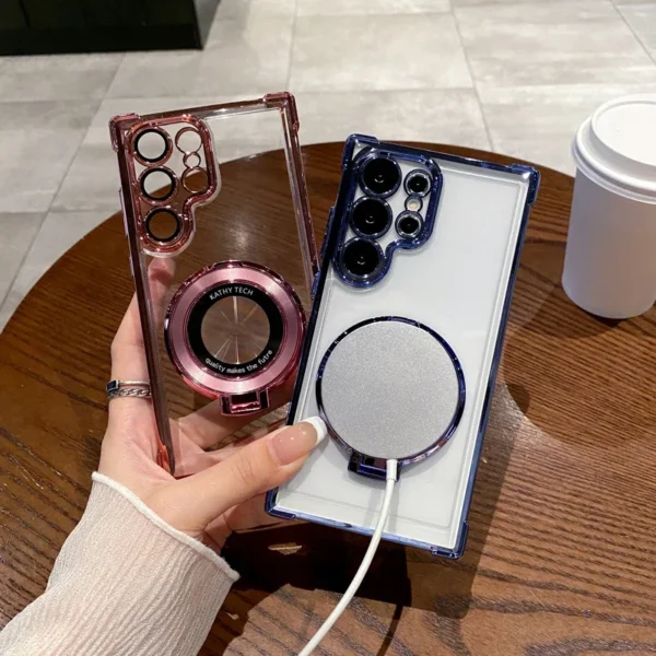 Four Corners Anti Drop Transparent Electroplated Magnetic Stand Protective Case For Samsung Galaxy S25 S24 S23 S22 Ultra Plus - Image 4