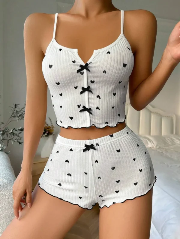 Women's Cute Pajama Set Heart Print Lettuce Trim Bow Front Cami Top and Shorts Pj Set Soft Sleepwear - Image 2