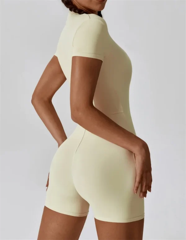 European and American nude one-piece yoga suit with stand up collar, half zipper, short sleeved fitness jumpsuit, tight fitting - Image 6