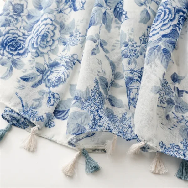 Classic Blue Flower Print Scarf Elegant Tassel Shawl Casual Windproof Head Wrap Hijab Sunscreen Travel Beach Towel For Women - Image 6