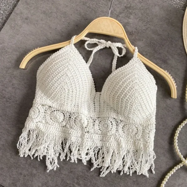 Women Crochet Halter Top Summer Beach Knit Crop Tank Fringe Boho Lace Up Backless Cami Blouse Festival Vacation Wear - Image 2