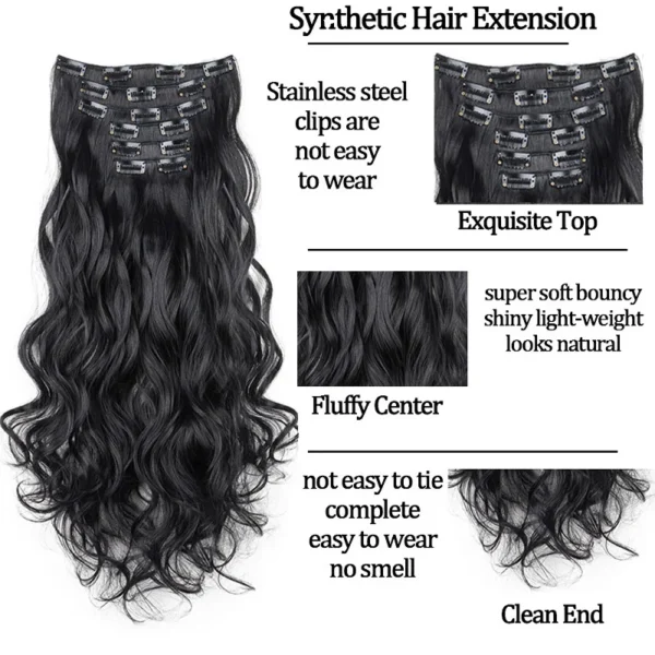 Synthetic 24Inch 16Clips Long Curly Hair Extension Heat Resistant Hair Extension Clips In Ombre Black Brown Blond Women - Image 4