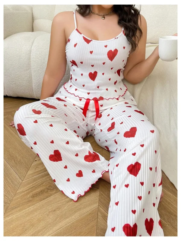 Plus Size Women Pajamas Set 2 Piece Sleeveless Vest and Trousers White Soft Breathable Sleepwear Casual Red Heart Print - Image 3
