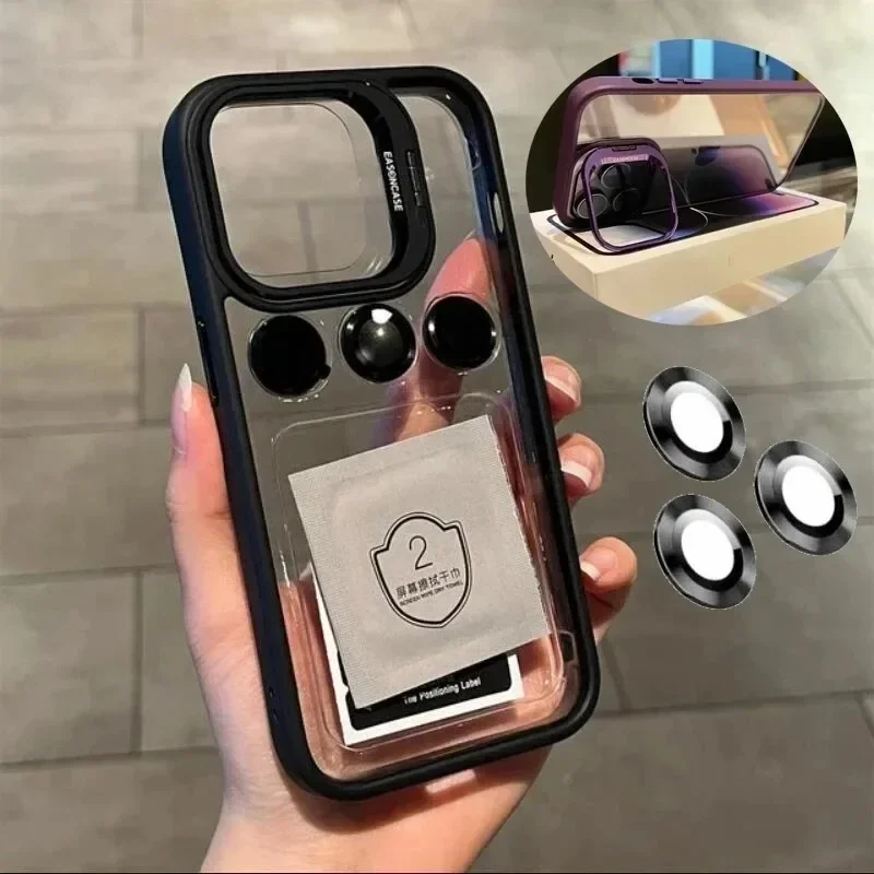 kf-S362b98346cc84a988295970571ee319eS Luxury Bracket Transparent Phone Case For iPhone 17 15 16 14 13 12 Pro Max With Holder Camera Lens Protector Shockproof Cover - Image 1