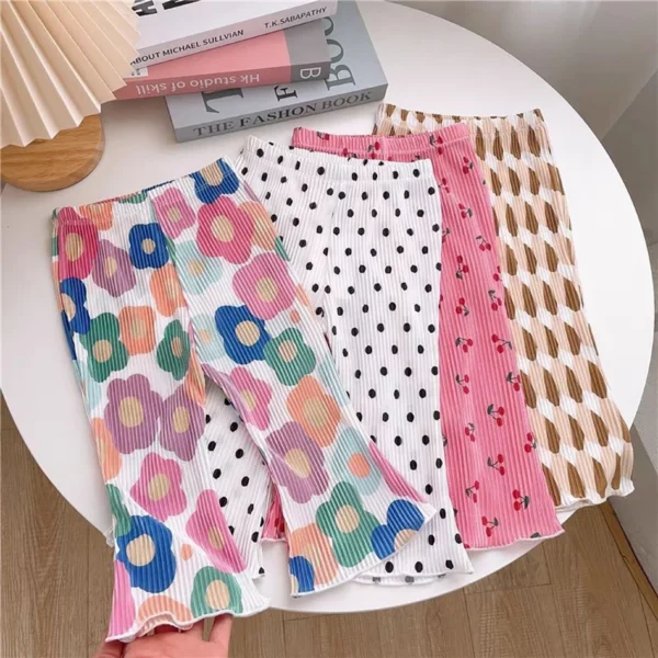 Summer Girls Floral Polka Dot Flared Pants Ice Silk Thin Fashion Outdoor Activities Children Pants Kids Everyday Versatil Pants - Image 2