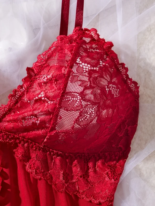 Sexy Lace Lingerie Set for Women, Red Hot Sleepwear Nightdress with Matching Panties, V-Neck Sheer Lace Camisole, Romantic Night - Image 5