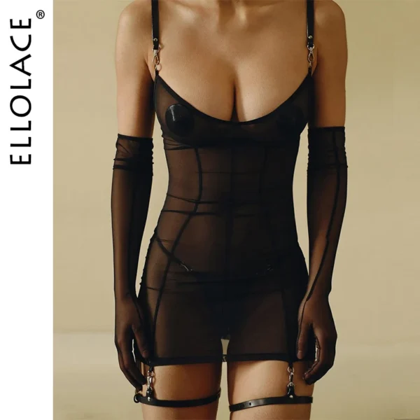 Ellolace Discipline Sexy Lingerie See Through Dress Thong 2PC Set with Gloves PU Leg Circles Harness Metal Fastener Party Kit - Image 1