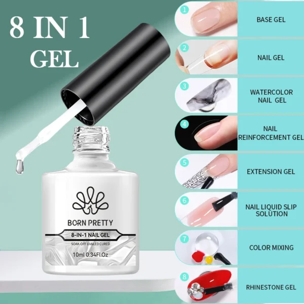 BORN PRETTY 10ML 8-in-1 Clear Glue Gel for Nail Apex and Extension Strengthener Nail Glue Gel Hard Gel Base Rhinestone Nail Gel - Image 5