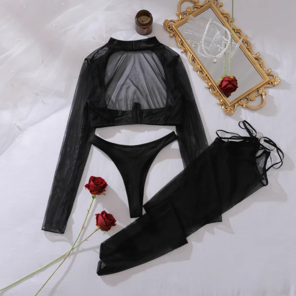 Ellolace Seductive Sexy Lingerie See Through Long Sleeve Top Brief 2PC Set with Stockings Intimate Ultra Hot Party Night Outfit - Image 6